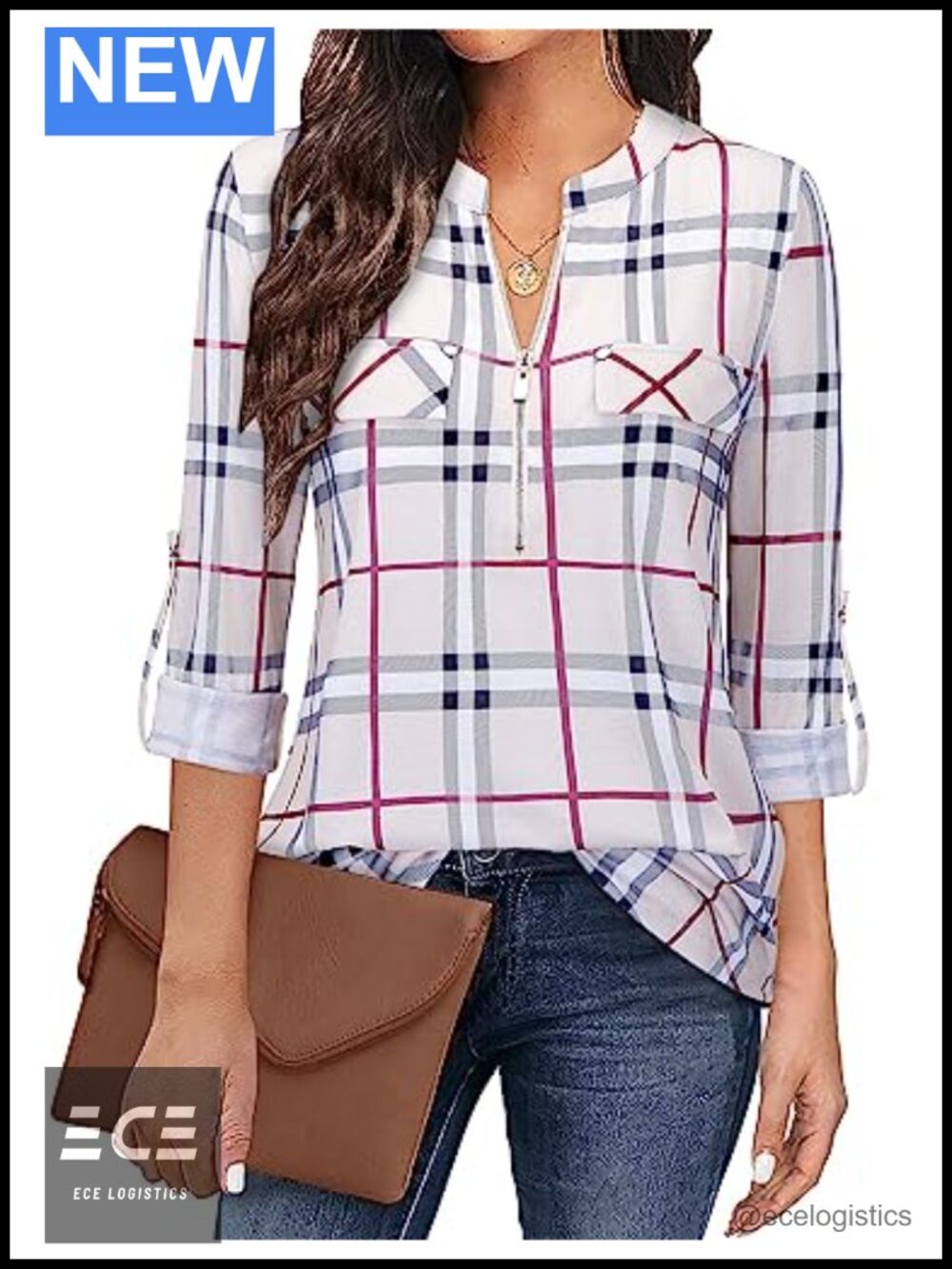 Womens 3/4 Sleeve Zipper V Neck Tunic Business Casual Blouse